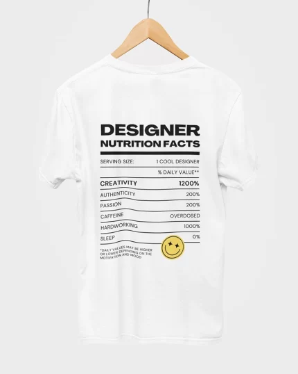 Designer Fuel t-shirt with funny nutrition facts on the back